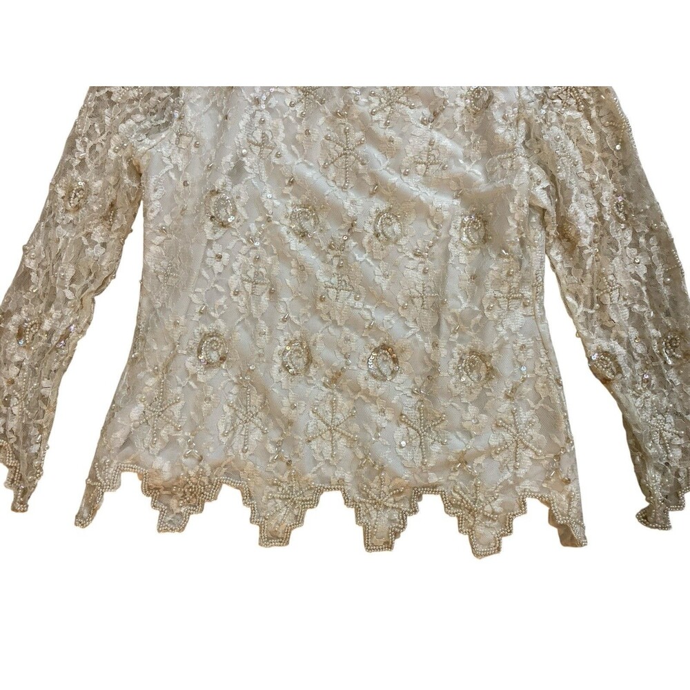 Vtg Laurence Kazar Ivory Blouse Women’s Beaded Lace Sequin Sz L Long‎ Sleeve - Picture 13 of 15